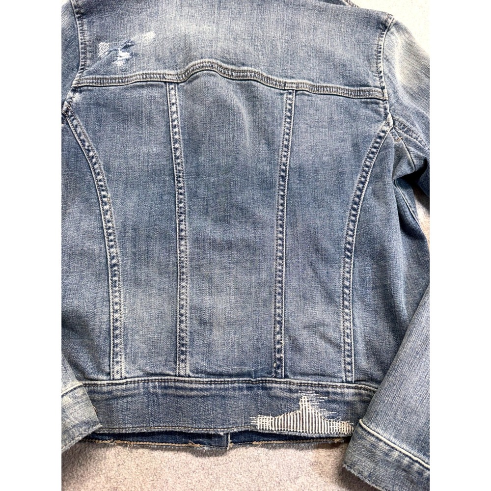White House Black Market Distressed Denim Jacket Womens Sz 8 Stretch Jean Jacket - Picture 11 of 12